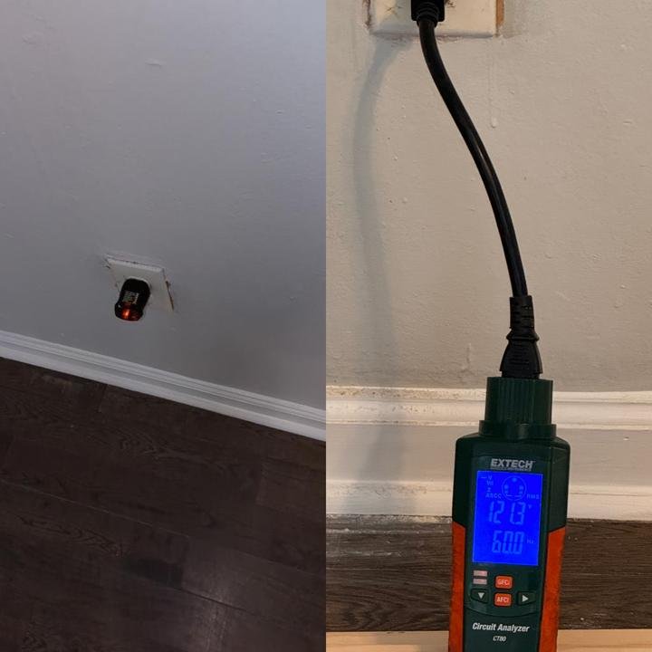 Checking receptacles with a plug-in tester and an Extech circuit analyzer before and after the work.